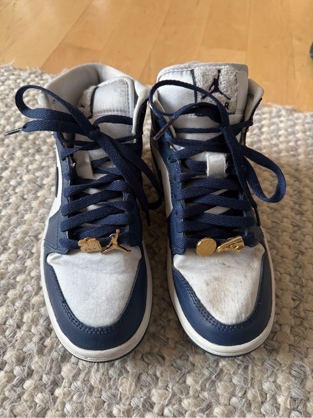 Jordan Kids Navy and White High-Top Sneakers with Gold Lace Charms